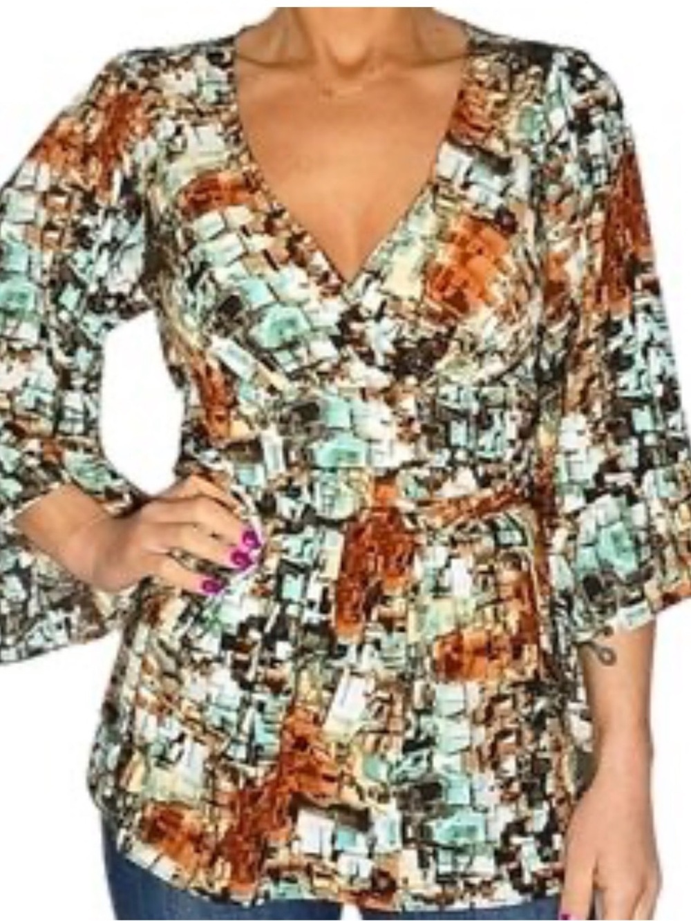 Betsy Johnson Boho Surplice Wrap Top Turquoise Brown Bell Sleeves Large